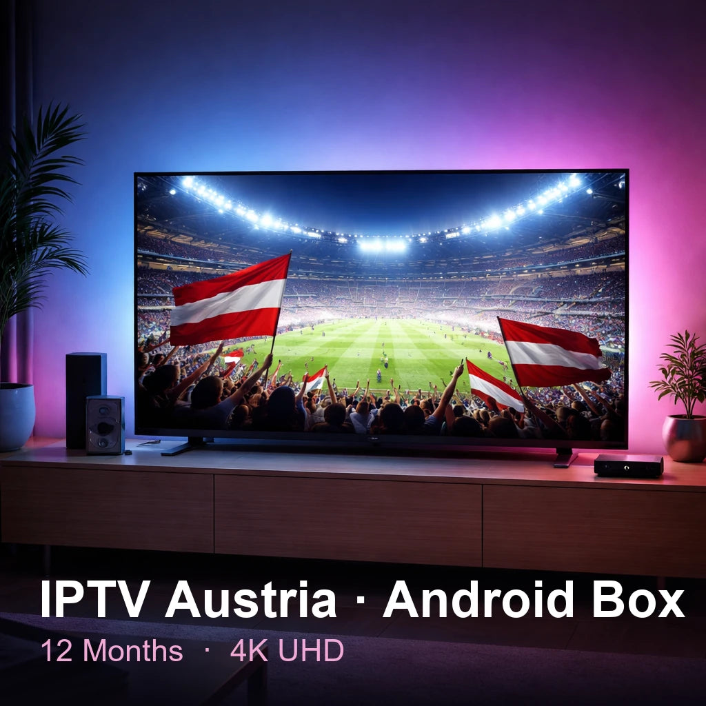 IPTV Austria for Android Box — live TV, sports, movies & series in 4K UHD (12 Months)