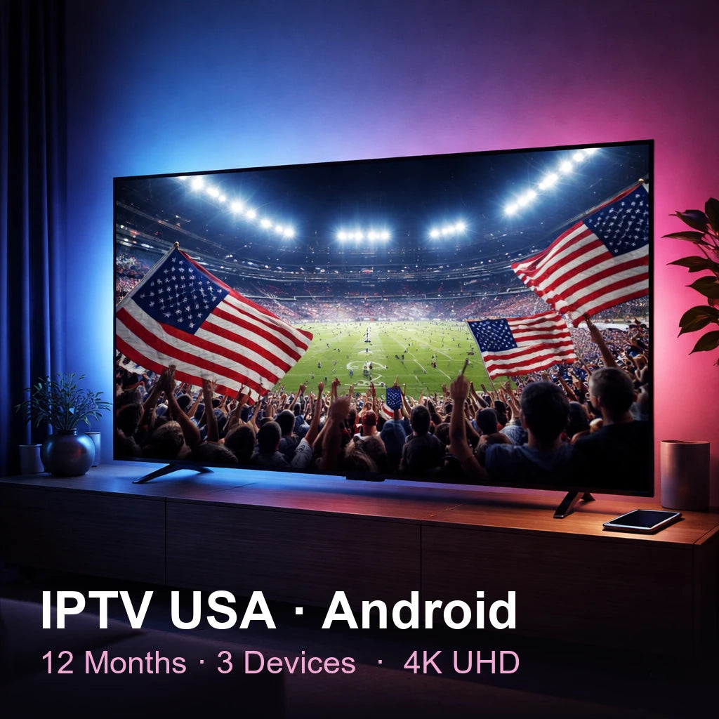 IPTV USA for Android — live TV, sports, movies & series in 4K UHD (12 Months · 3 Devices)