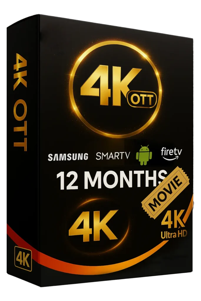 4K OTT IPTV subscription box showing 12 months service, Ultra HD quality, and compatible with Samsung, Apple, Smart TV, Android, and Firestick devices