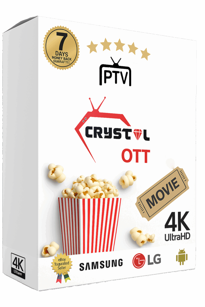 White Crystal OTT IPTV subscription box with popcorn, movie ticket, and 4K logo