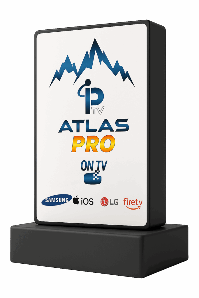 Boîte IPTV Atlas Pro avec logo montagne, texte 12 mois, et icônes Samsung, LG, iOS, Fire TV et ON TV
