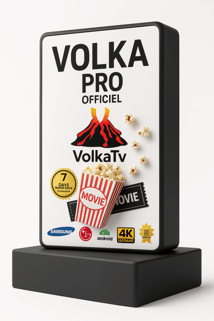 Volka Pro Officiel IPTV Subscription Box with Popcorn and 4K Streaming Icons