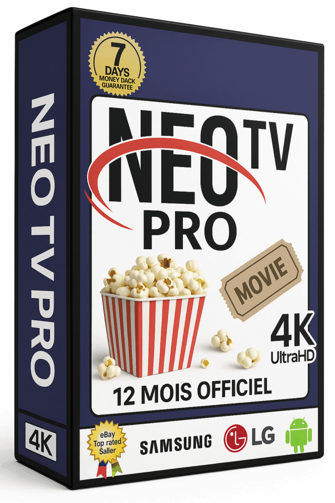 Boîte d’abonnement NEO TV PRO IPTV 12 mois avec popcorn, ticket de film et logos 4K, Samsung, LG, Android
