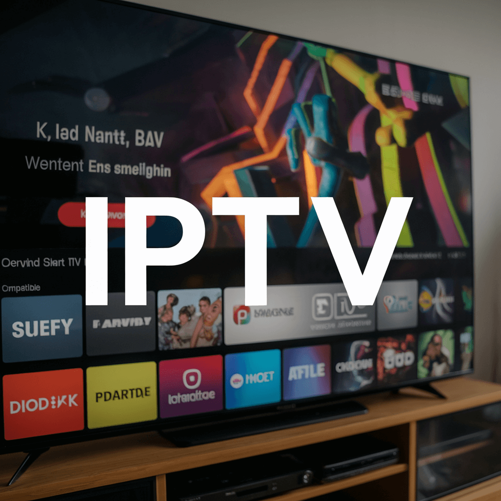 best iptv Modern flat screen TV showing IPTV logo in a clean living room