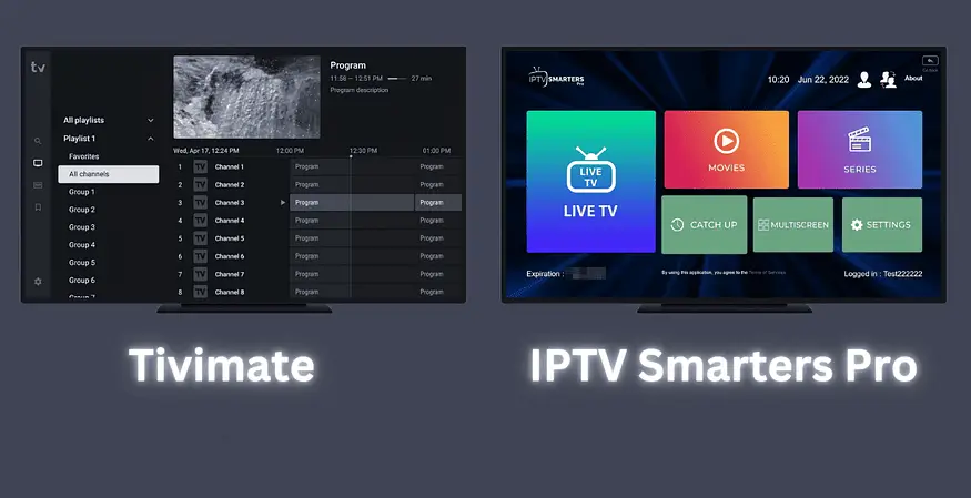 IPTV Smarters Pro vs TiviMate side-by-side app comparison on Smart TV