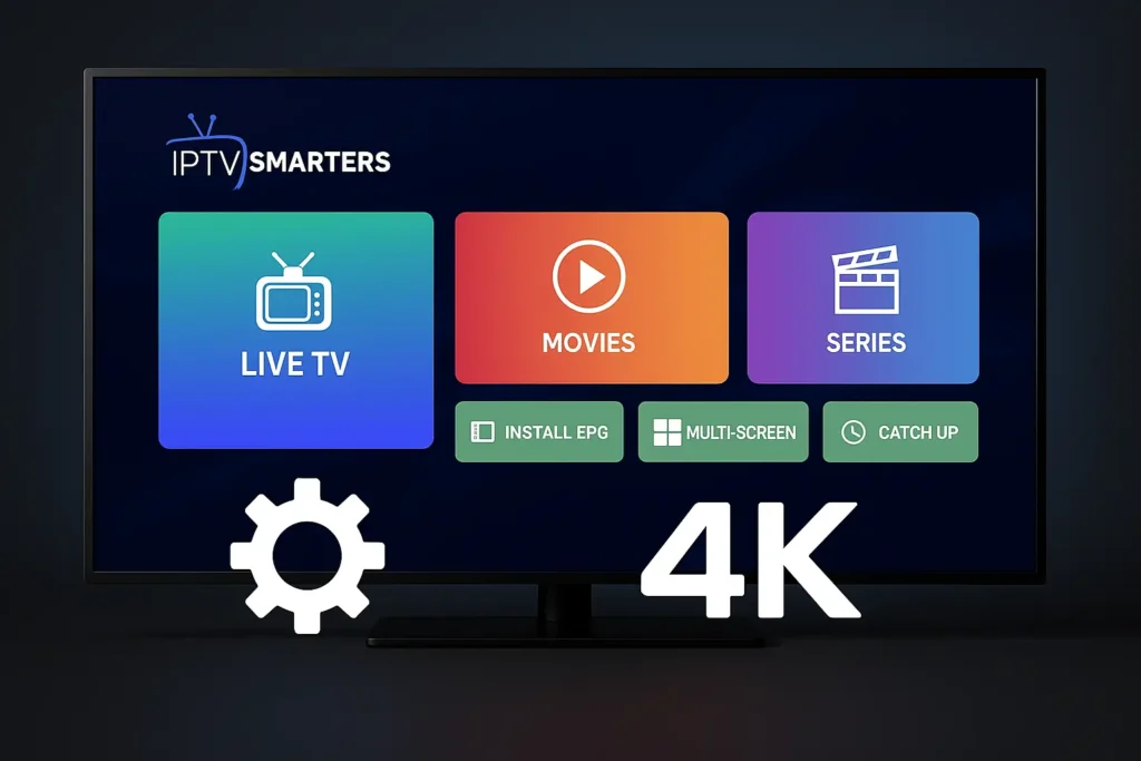 IPTV Smarters Pro app interface on TV with settings gear and 4K icons added