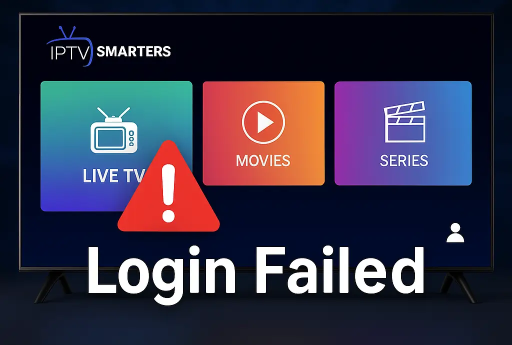 IPTV Smarters Pro screen showing “Login Failed” error with red warning icon