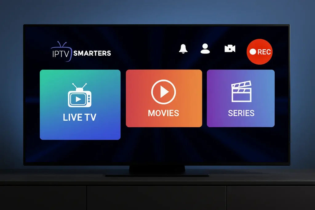 IPTV Smarters Pro interface on TV screen with visible red record icon for live TV