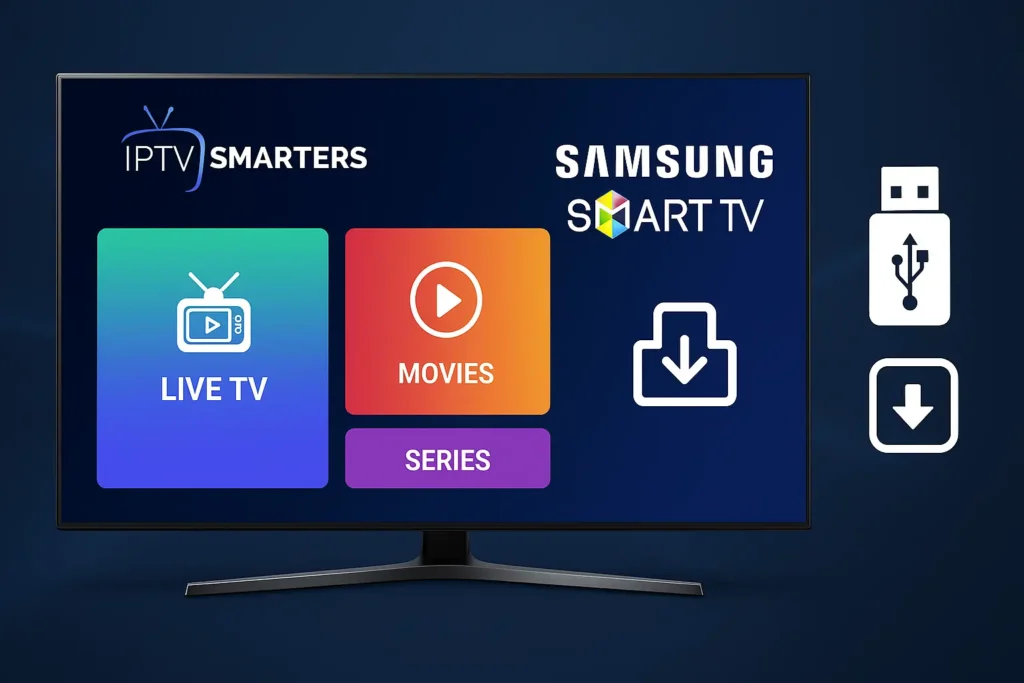 IPTV Smarters interface on Samsung Smart TV with USB and install icons