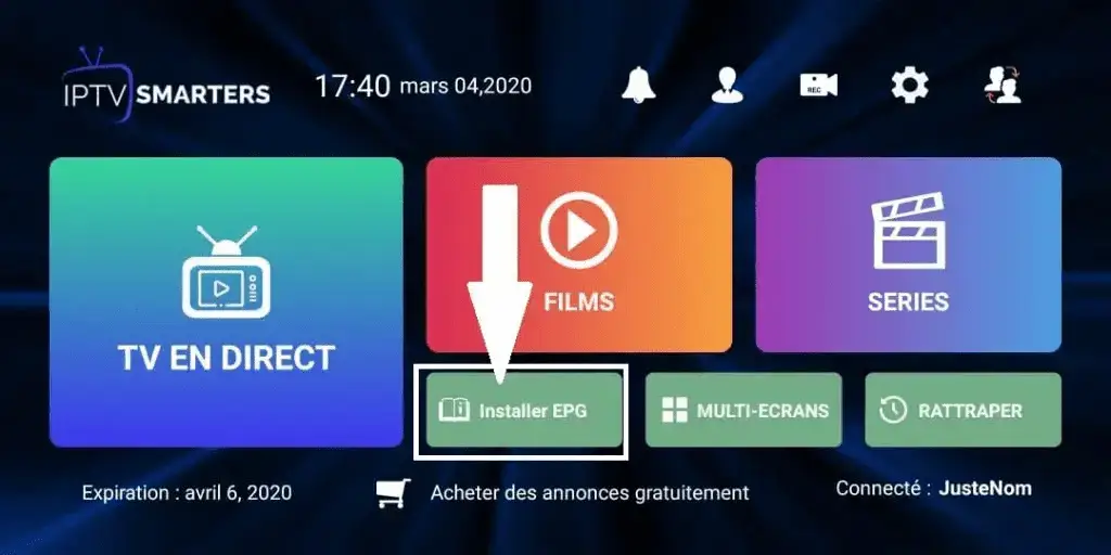 IPTV Smarters Pro main screen with “Install EPG” button highlighted