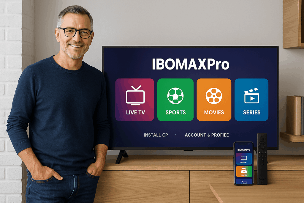 Fotografie einer modernen deutschen Wohnung mit einer Smart-TV, die die IBOMAXPro IPTV-Oberfläche mit Live-TV, Filme, Serien und Sport anzeigt.