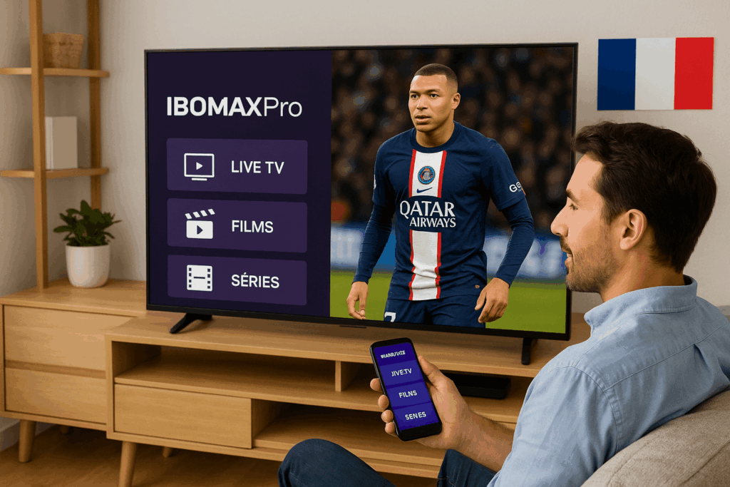 Homme français utilisant IBOMAXPro IPTV sur Smart TV et smartphone dans un salon moderne en France