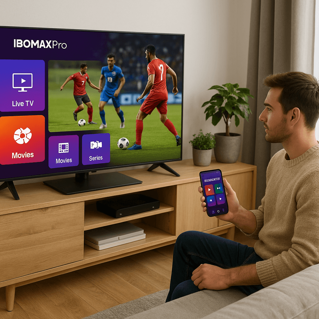 Modern living room with Smart TV and smartphone showing IBOMAXPro IPTV app featuring sports, movies, and series icons.