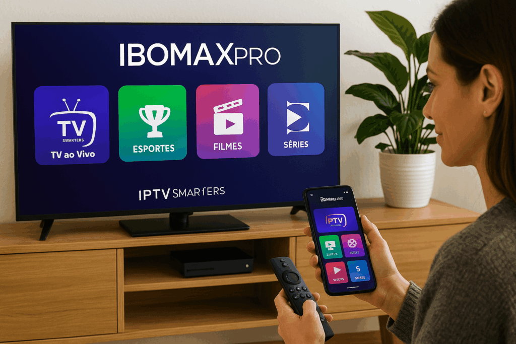 Fotografia promocional mostrando o aplicativo IBOMAXPro IPTV em uma Smart TV numa sala de estar portuguesa